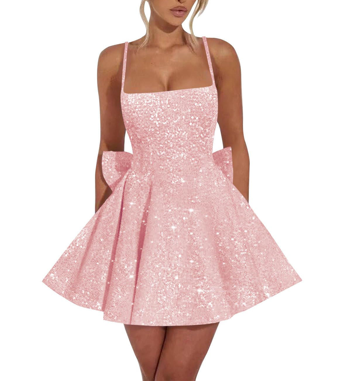 Square Neck Sequin Homecoming Dress | A-Line Mini Skirt with Back Bow Detail