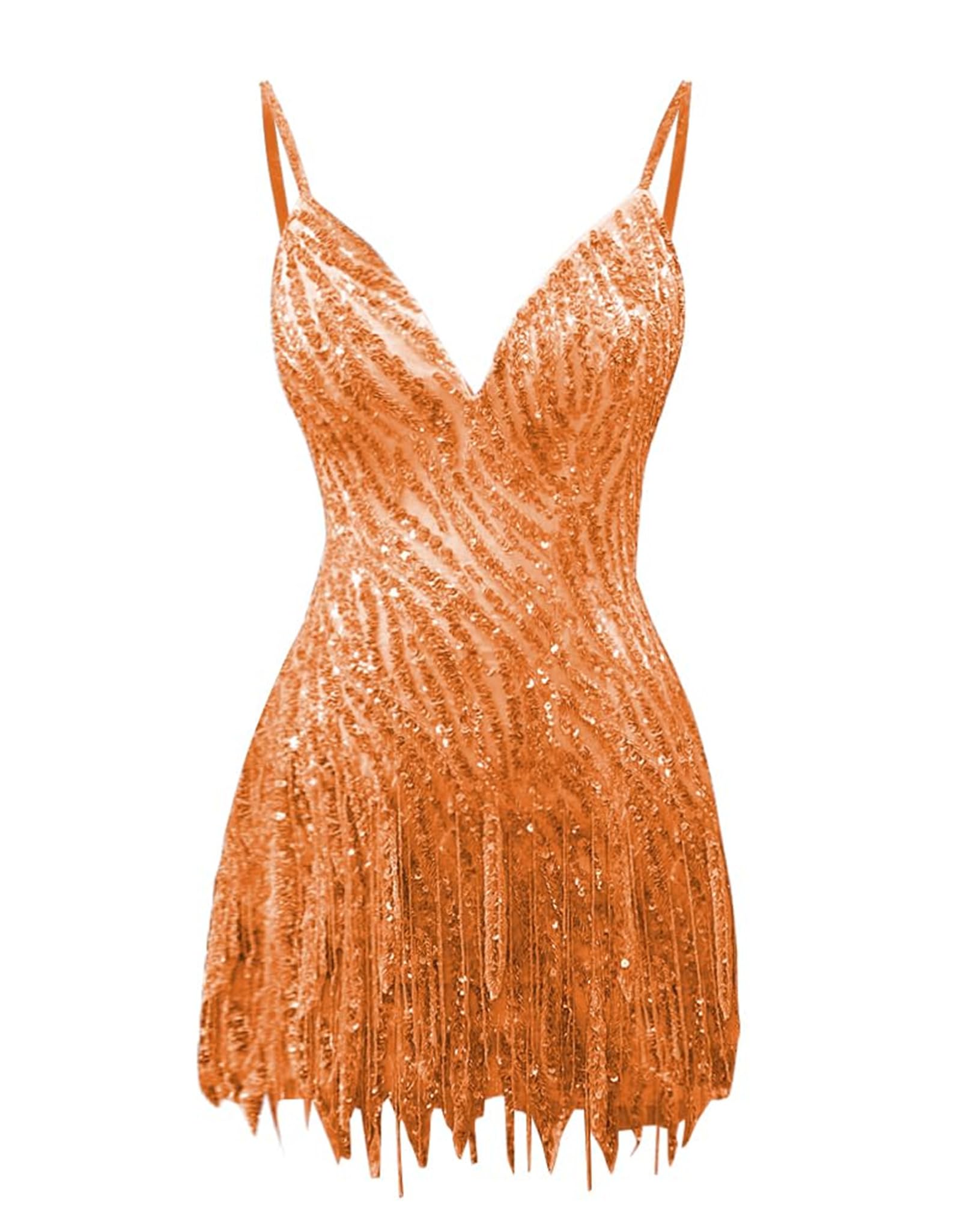 Sparkly Beaded Fringe Homecoming Dress | V-Neck Spaghetti Strap Short Prom Gown