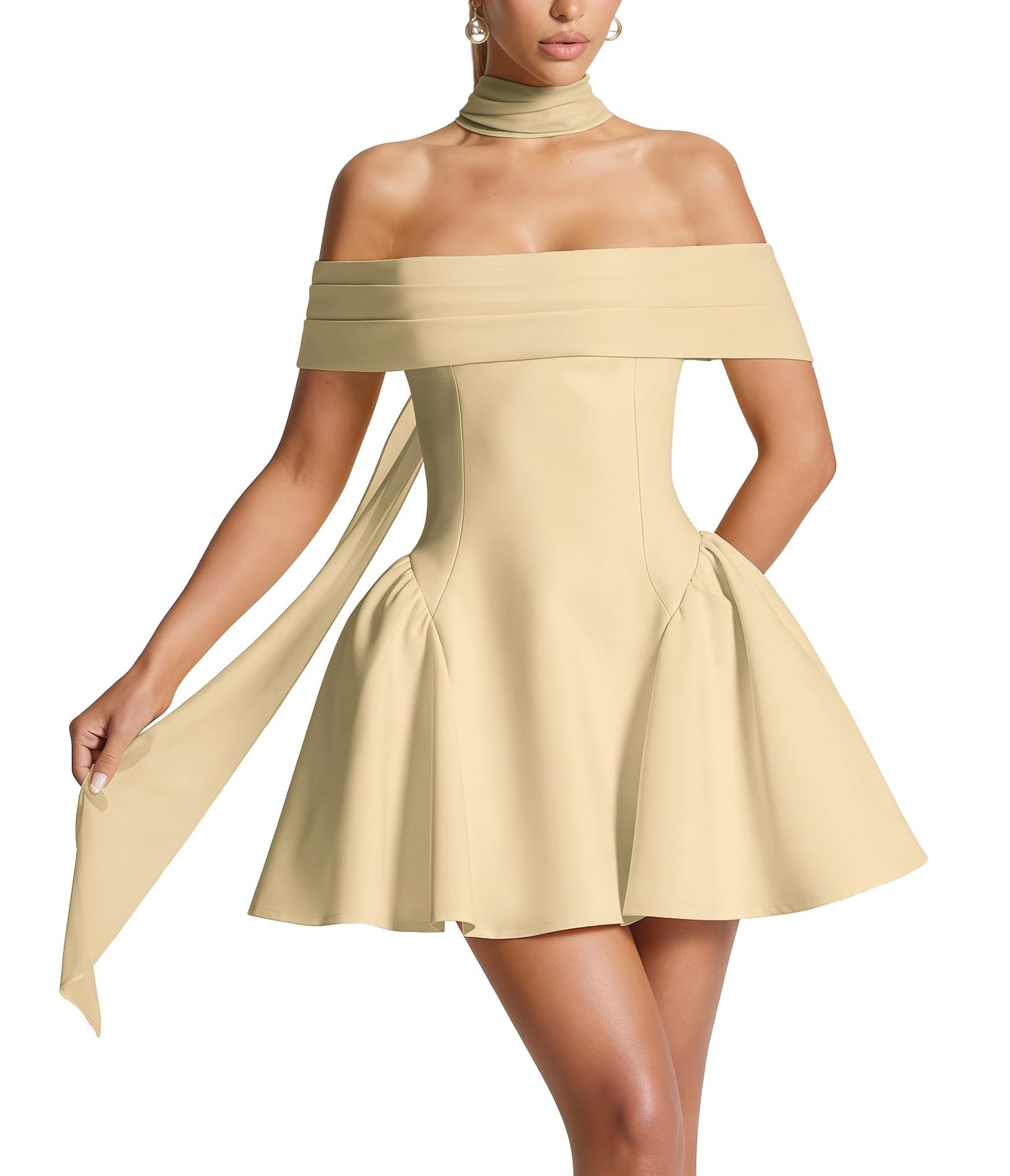 Off-the-Shoulder Homecoming Dress with Choker Scarf | Lace-Up Back Flare Skirt Mini Prom Gown