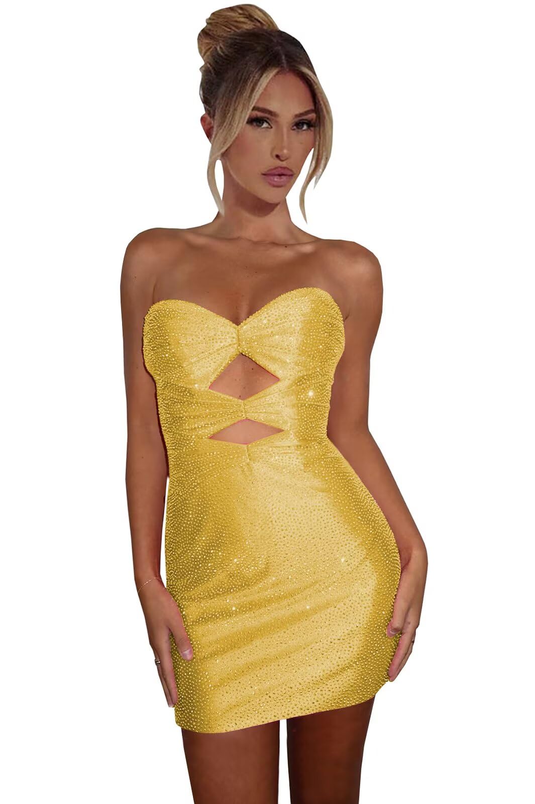 Sparkly Strapless Cutout Bodycon Homecoming Dress | Rhinestone Short Prom Gown