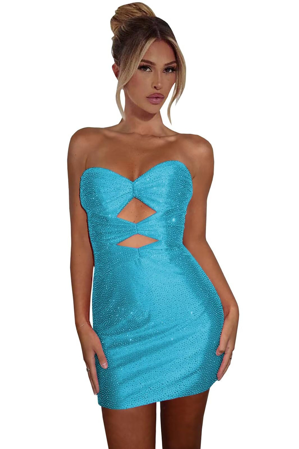 Sparkly Strapless Cutout Bodycon Homecoming Dress | Rhinestone Short Prom Gown
