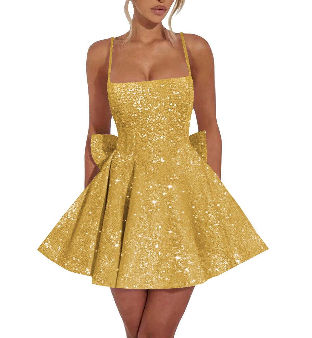 Square Neck Sequin Homecoming Dress | A-Line Mini Skirt with Back Bow Detail