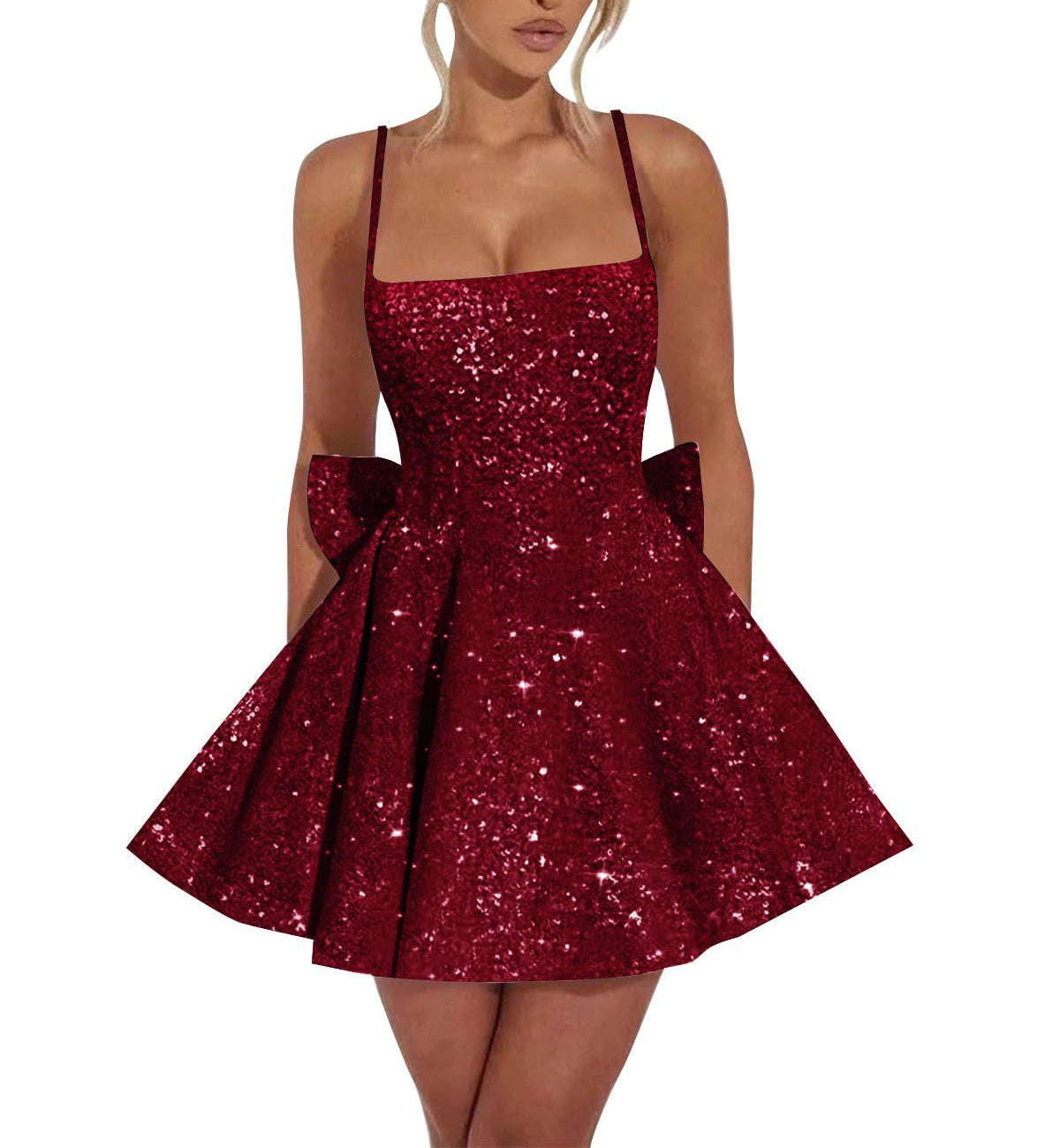 Square Neck Sequin Homecoming Dress | A-Line Mini Skirt with Back Bow Detail