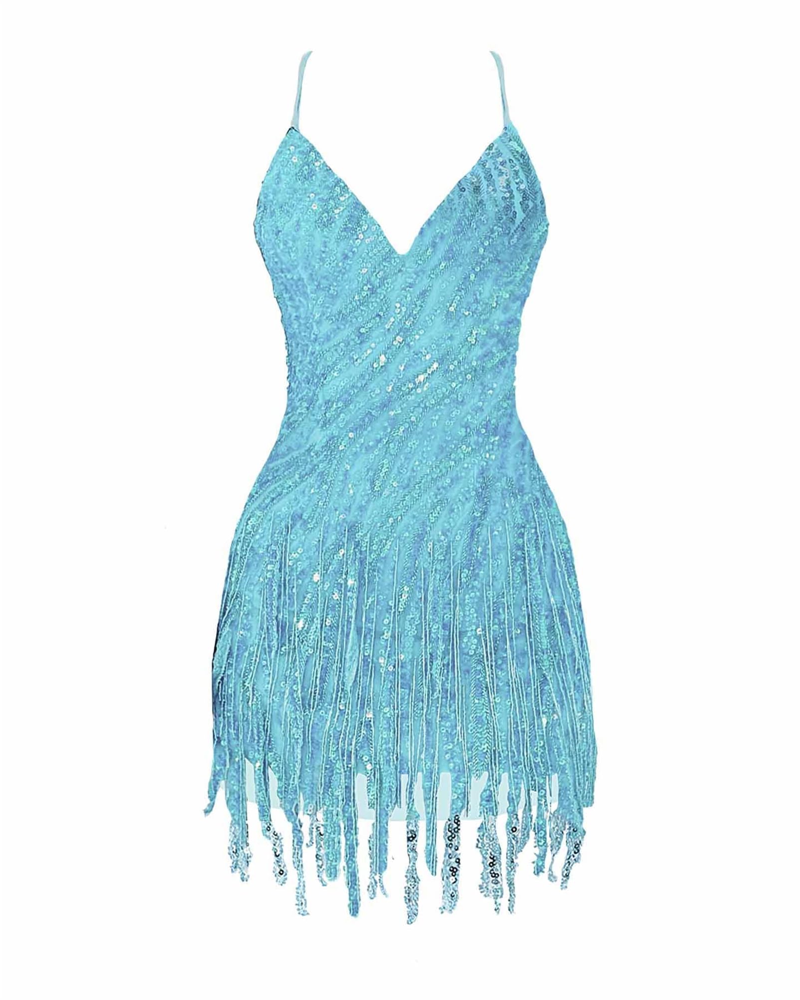Sparkly Beaded Fringe Homecoming Dress | V-Neck Spaghetti Strap Short Prom Gown