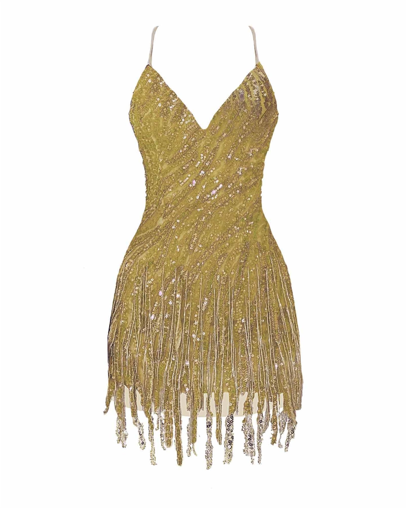 Sparkly Beaded Fringe Homecoming Dress | V-Neck Spaghetti Strap Short Prom Gown