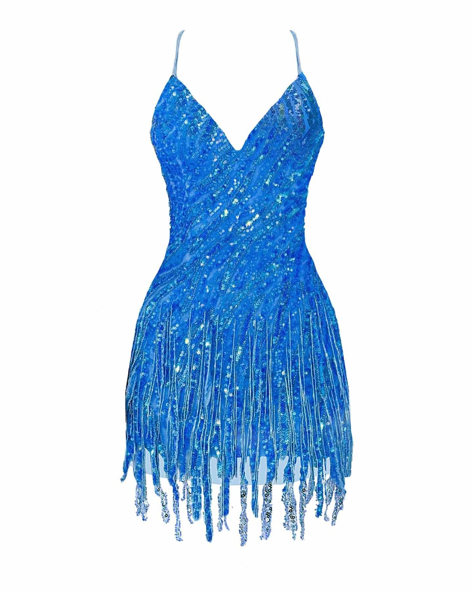 Sparkly Beaded Fringe Homecoming Dress | V-Neck Spaghetti Strap Short Prom Gown