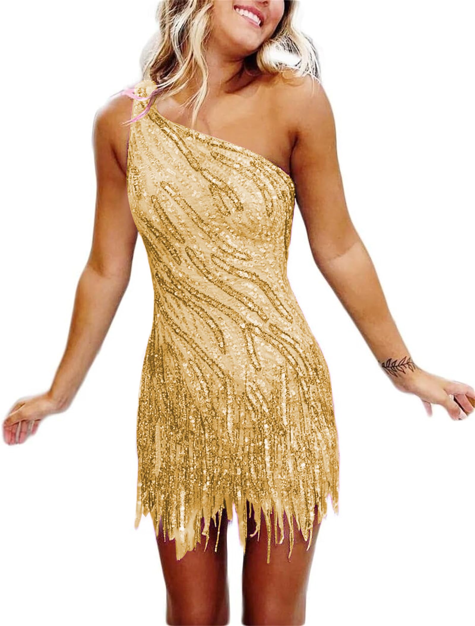 One-Shoulder Sequin Fringe Homecoming Dress | Sparkly Bodycon Short Prom Gown