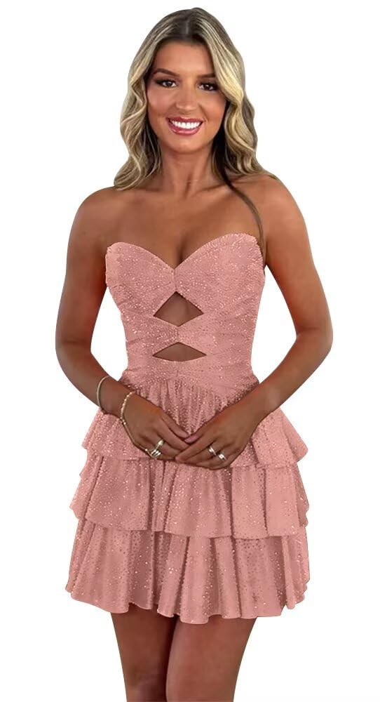 Sparkly Strapless Cutout Tiered Homecoming Dress | Ruffle Skirt Short Prom Gown