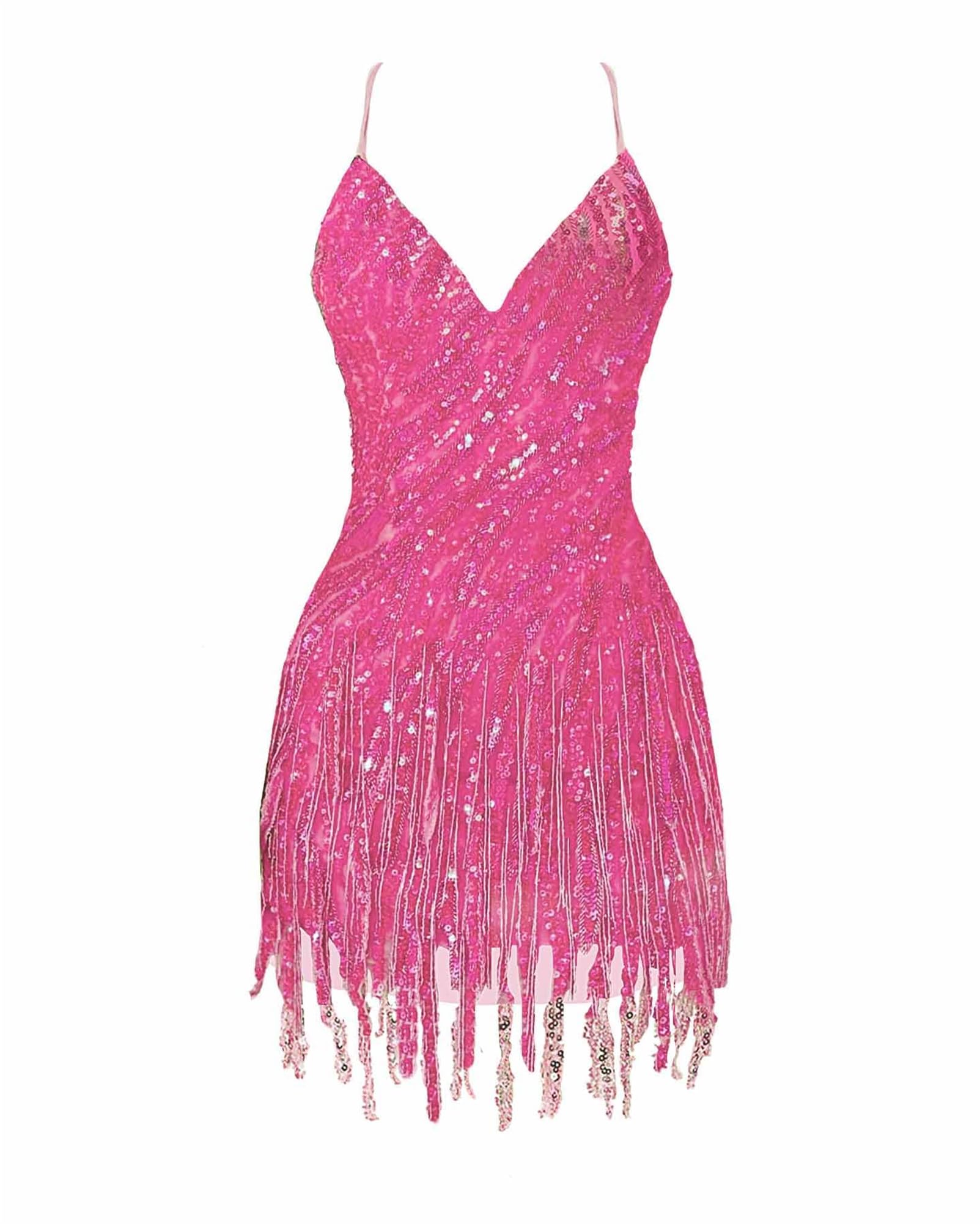 Sparkly Beaded Fringe Homecoming Dress | V-Neck Spaghetti Strap Short Prom Gown