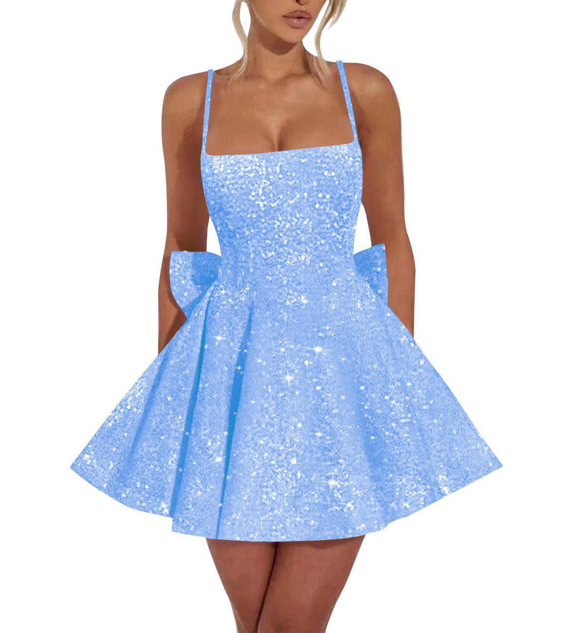 Square Neck Sequin Homecoming Dress | A-Line Mini Skirt with Back Bow Detail