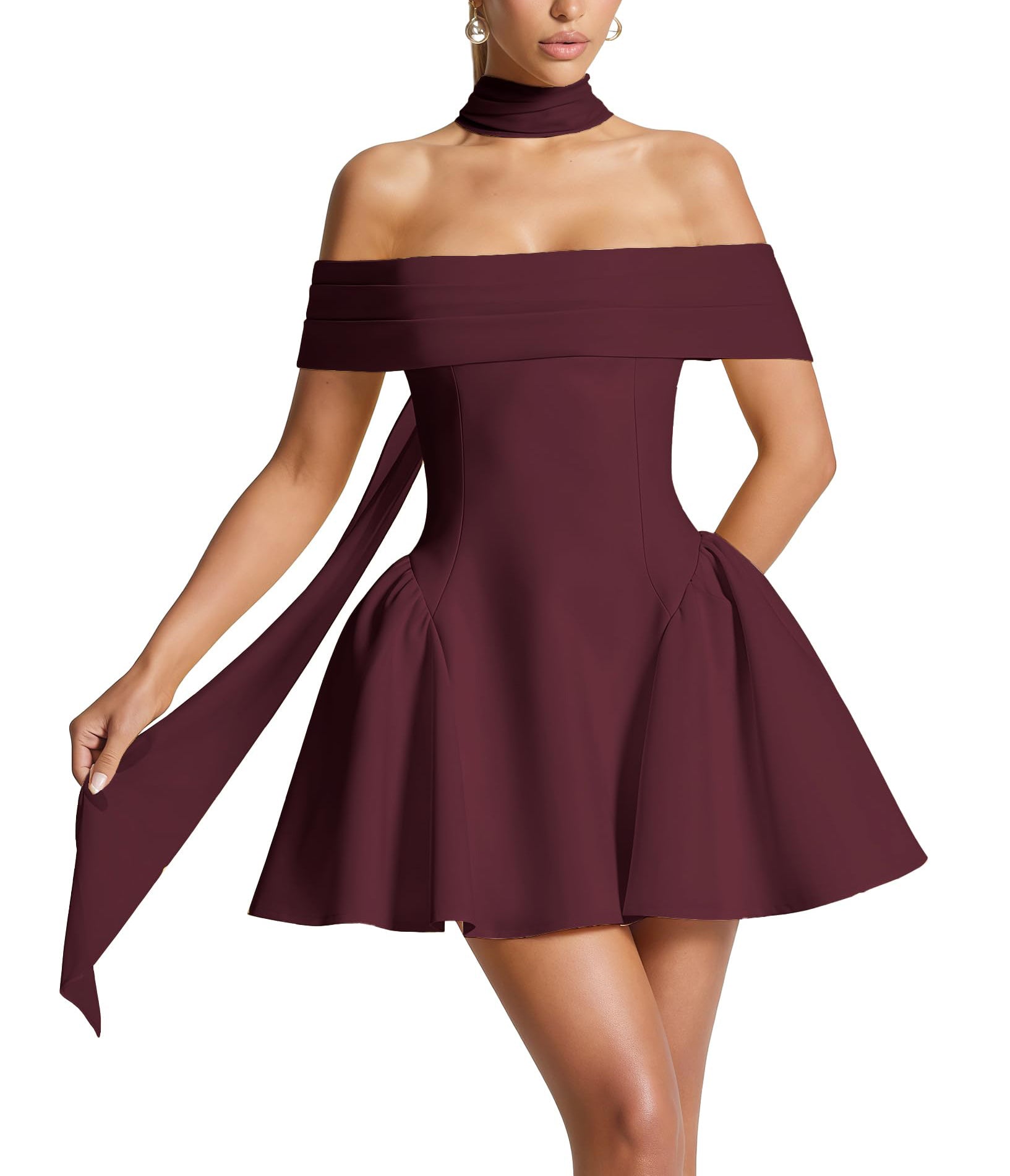 Off-the-Shoulder Homecoming Dress with Choker Scarf | Lace-Up Back Flare Skirt Mini Prom Gown