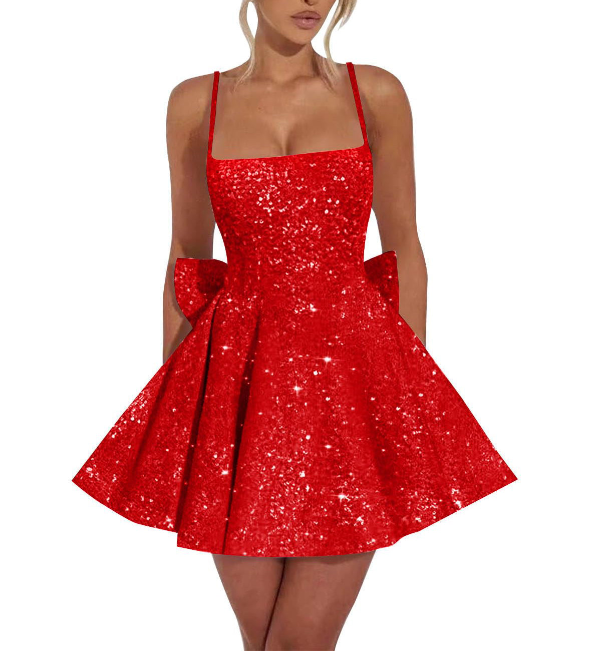 Square Neck Sequin Homecoming Dress | A-Line Mini Skirt with Back Bow Detail