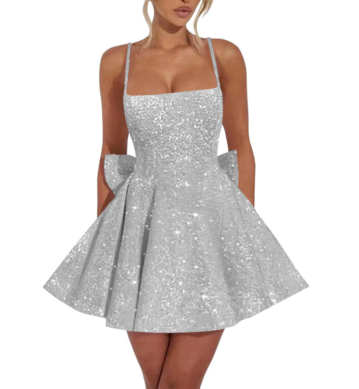 Square Neck Sequin Homecoming Dress | A-Line Mini Skirt with Back Bow Detail