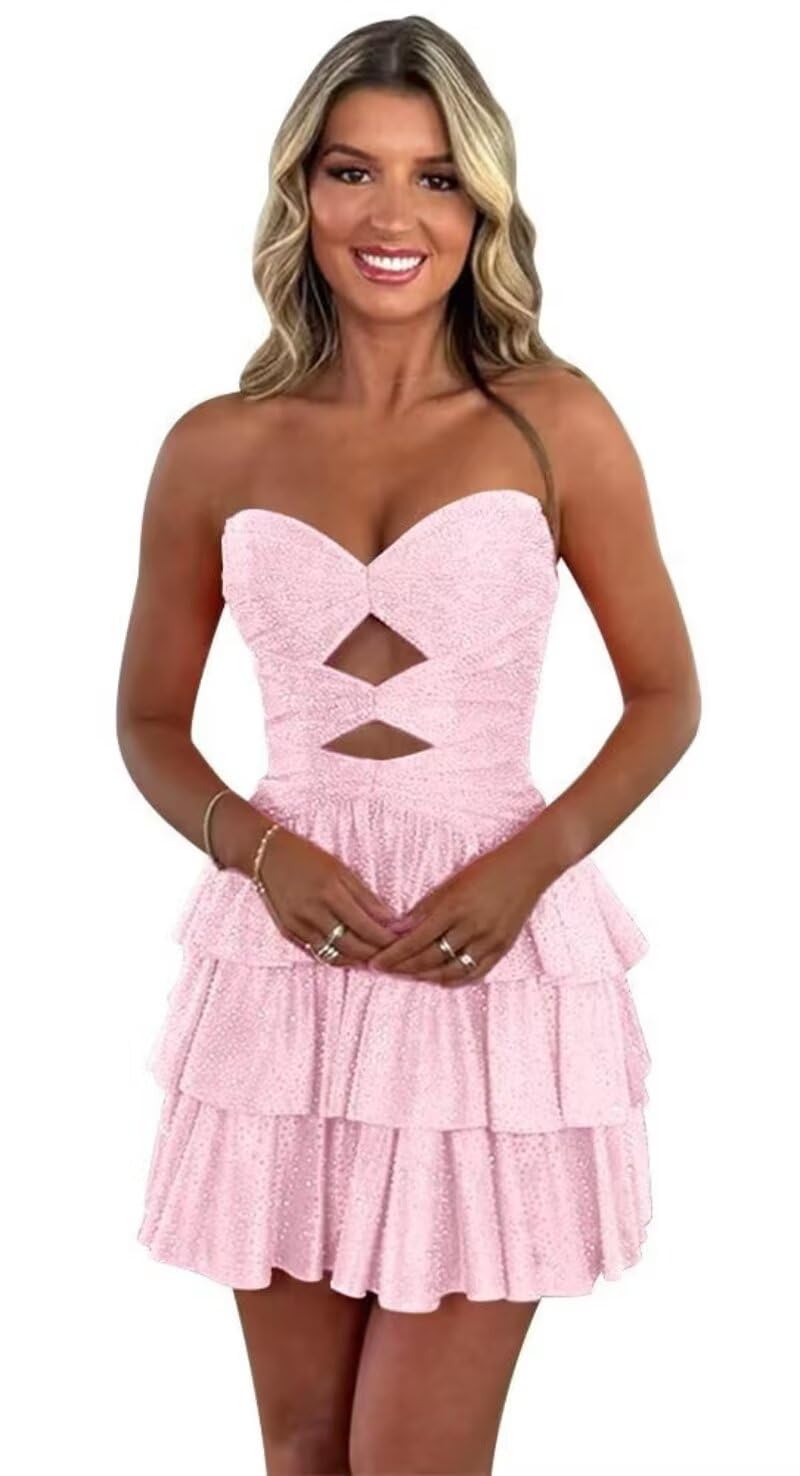 Sparkly Strapless Cutout Tiered Homecoming Dress | Ruffle Skirt Short Prom Gown