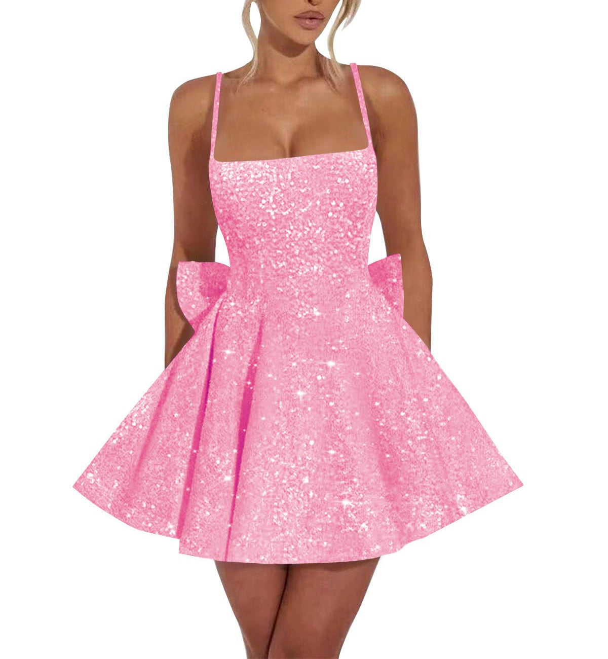 Square Neck Sequin Homecoming Dress | A-Line Mini Skirt with Back Bow Detail