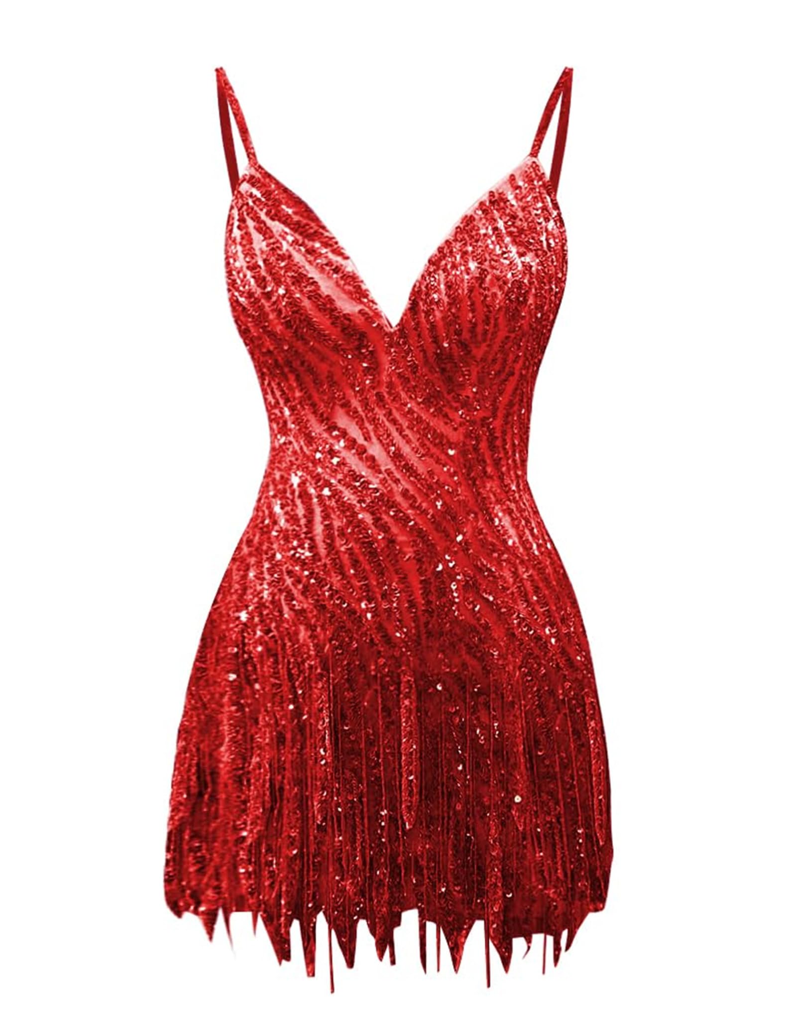 Sparkly Beaded Fringe Homecoming Dress | V-Neck Spaghetti Strap Short Prom Gown