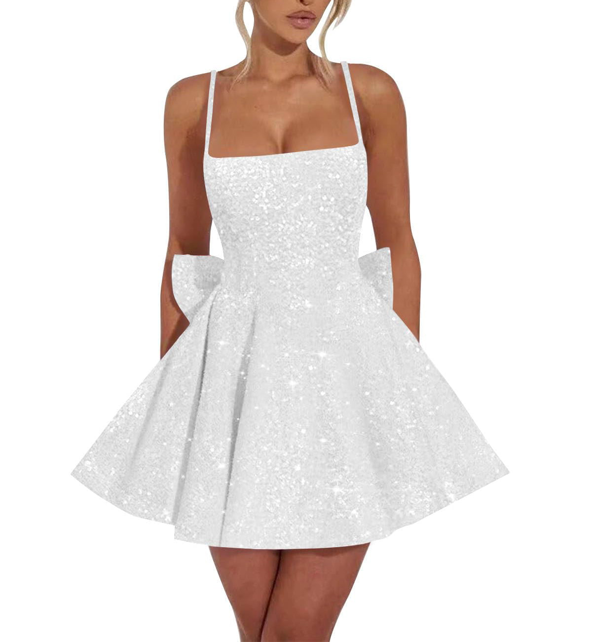 Square Neck Sequin Homecoming Dress | A-Line Mini Skirt with Back Bow Detail
