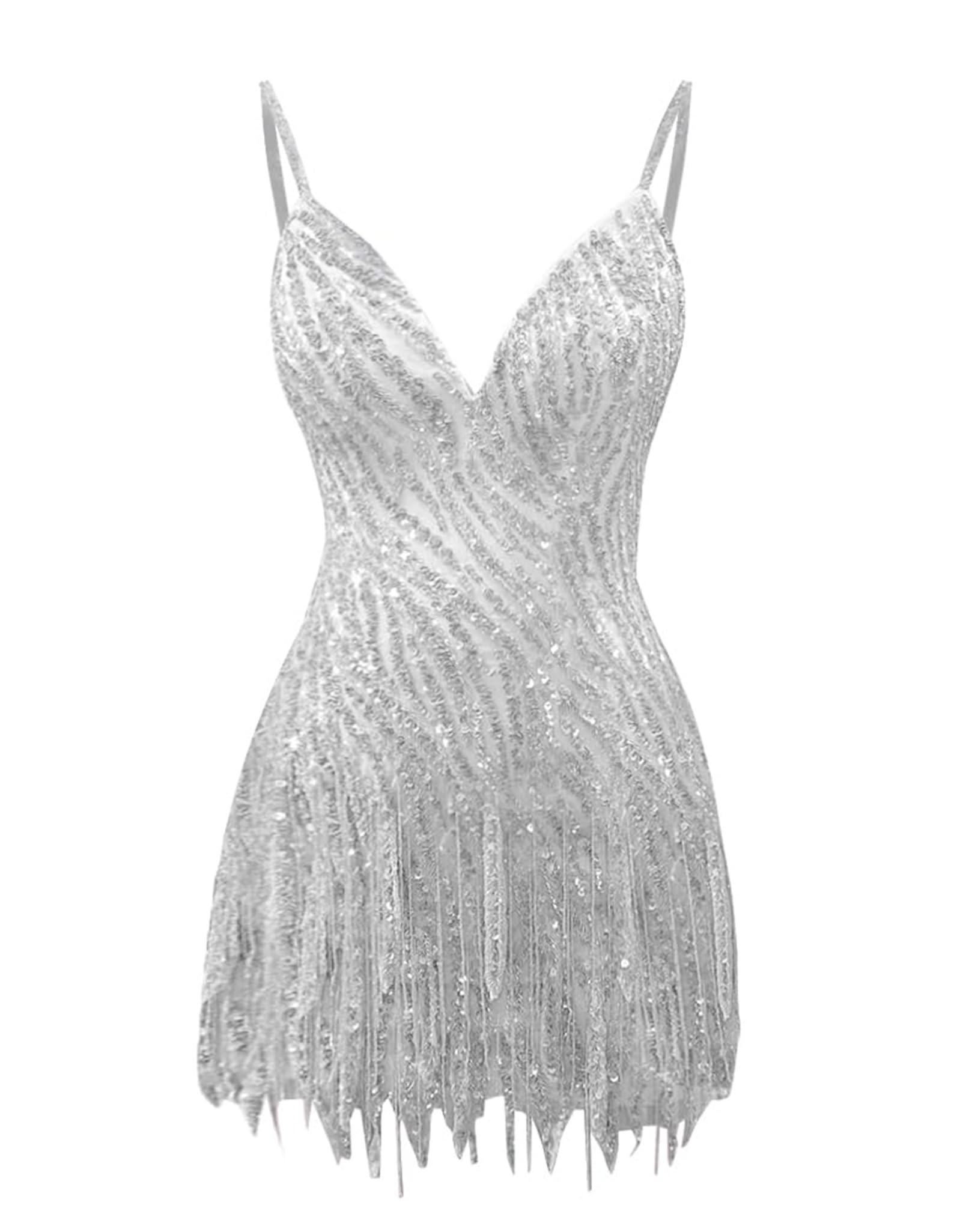 Sparkly Beaded Fringe Homecoming Dress | V-Neck Spaghetti Strap Short Prom Gown