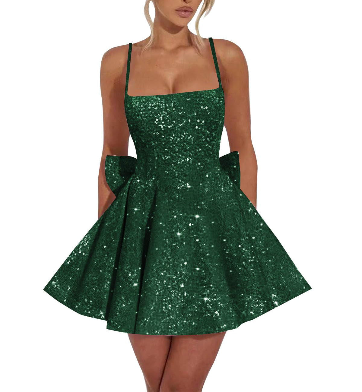Square Neck Sequin Homecoming Dress | A-Line Mini Skirt with Back Bow Detail