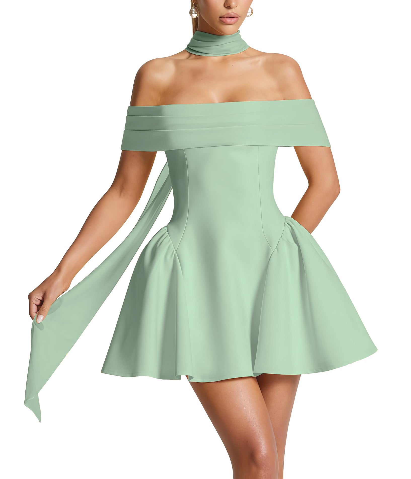 Off-the-Shoulder Homecoming Dress with Choker Scarf | Lace-Up Back Flare Skirt Mini Prom Gown