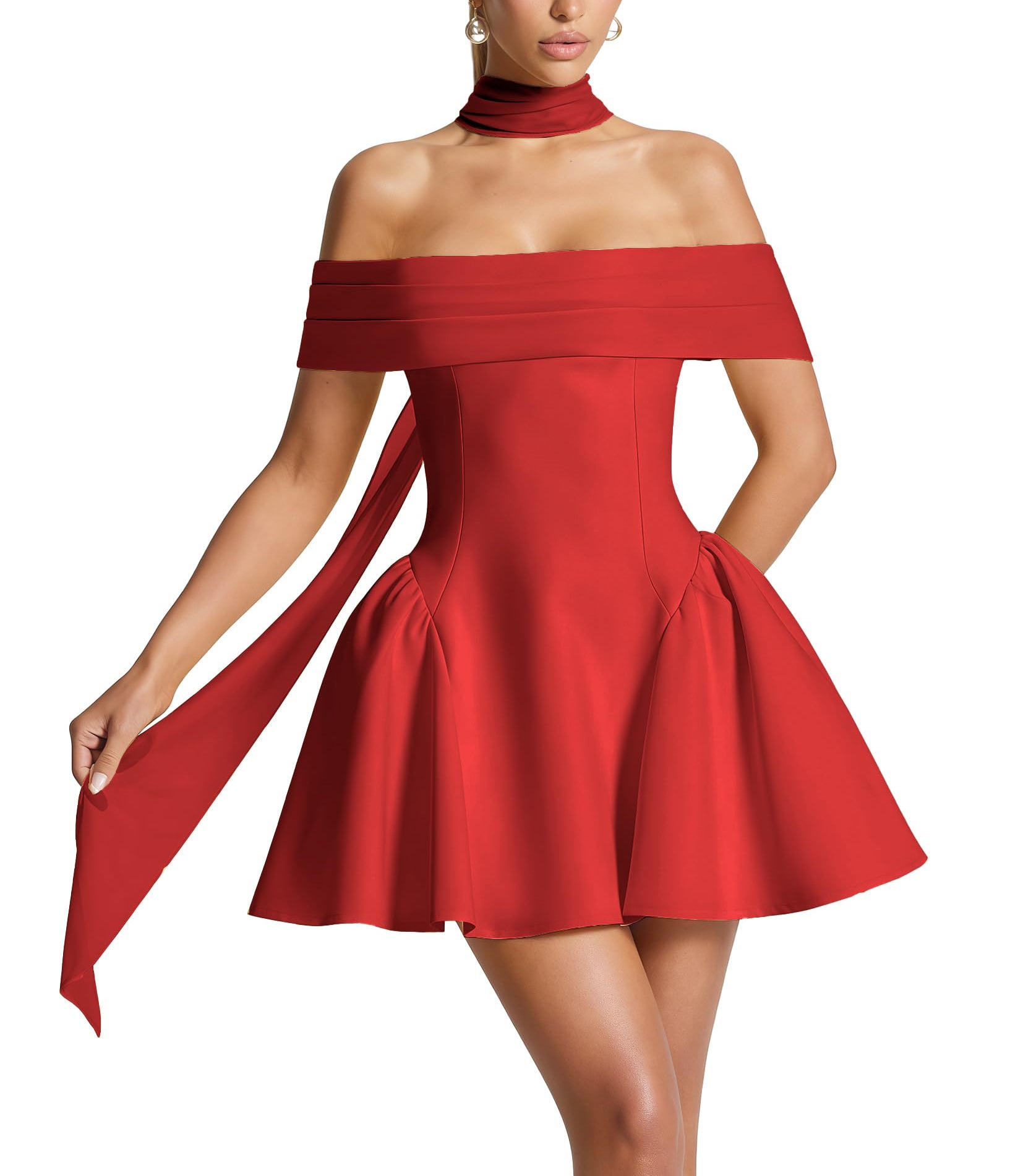 Off-the-Shoulder Homecoming Dress with Choker Scarf | Lace-Up Back Flare Skirt Mini Prom Gown
