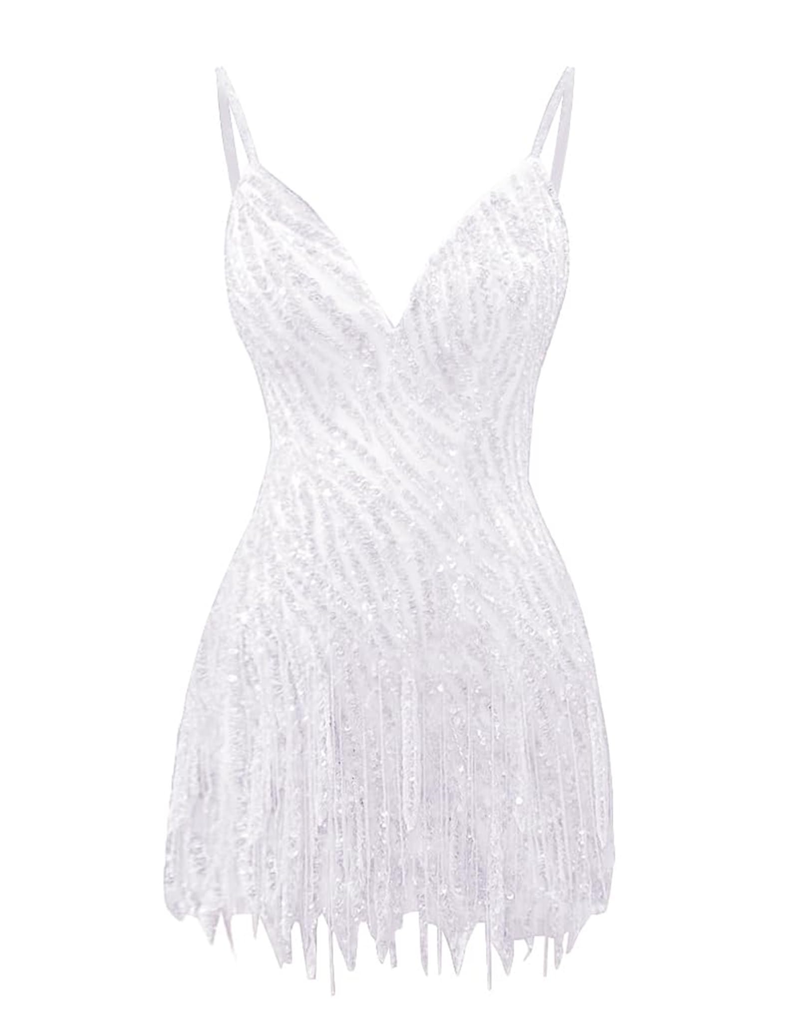 Sparkly Beaded Fringe Homecoming Dress | V-Neck Spaghetti Strap Short Prom Gown