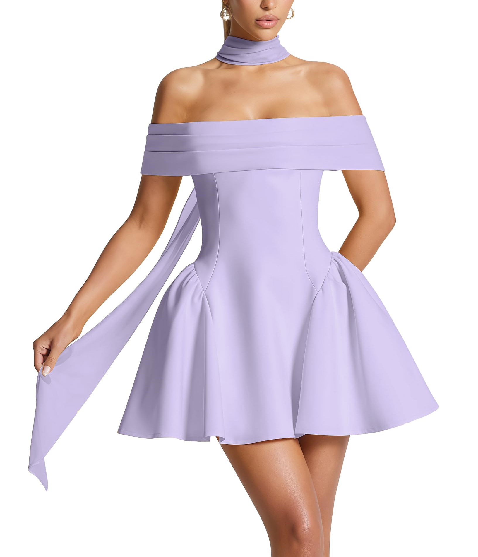 Off-the-Shoulder Homecoming Dress with Choker Scarf | Lace-Up Back Flare Skirt Mini Prom Gown