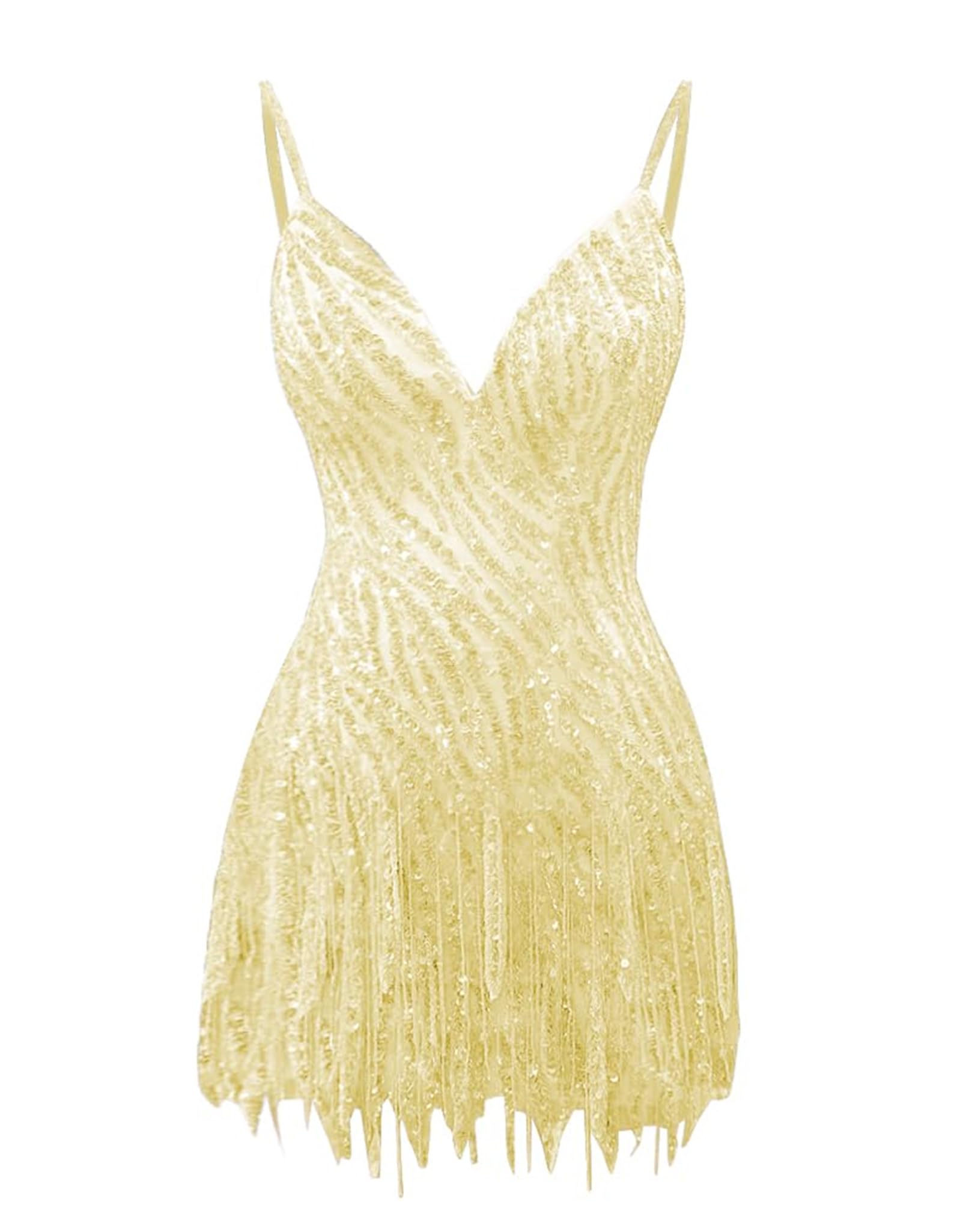 Sparkly Beaded Fringe Homecoming Dress | V-Neck Spaghetti Strap Short Prom Gown