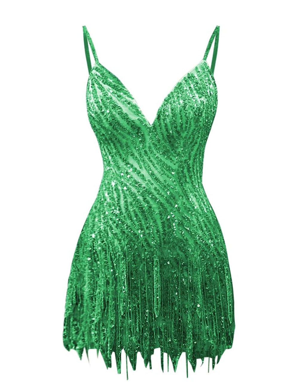 Sparkly Beaded Fringe Homecoming Dress | V-Neck Spaghetti Strap Short Prom Gown