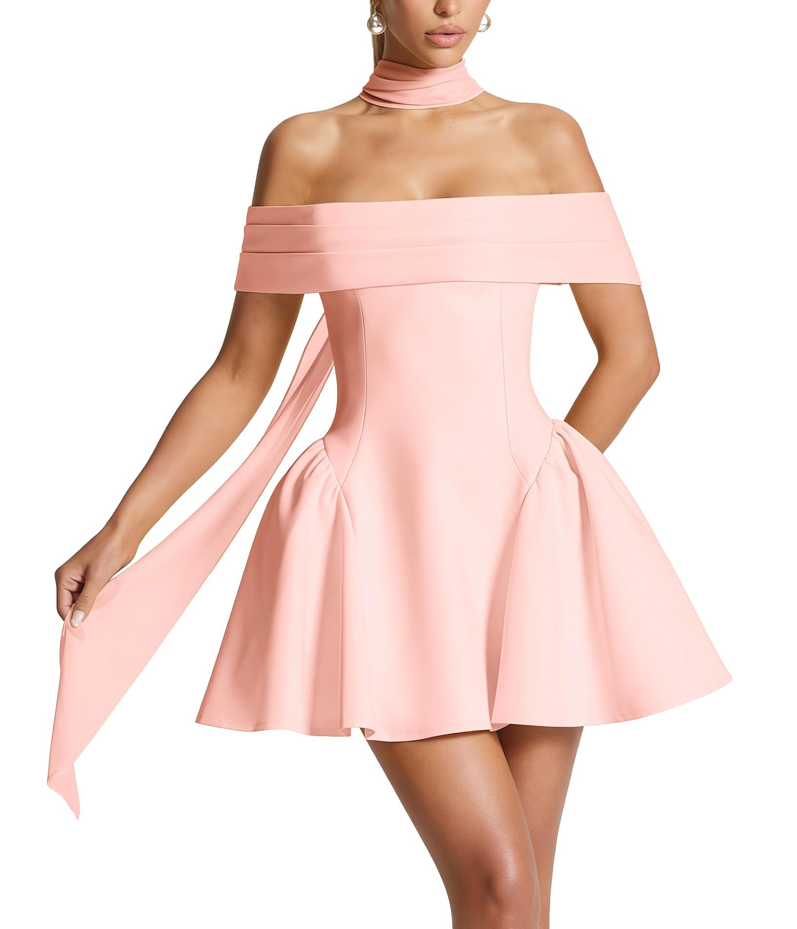 Off-the-Shoulder Homecoming Dress with Choker Scarf | Lace-Up Back Flare Skirt Mini Prom Gown