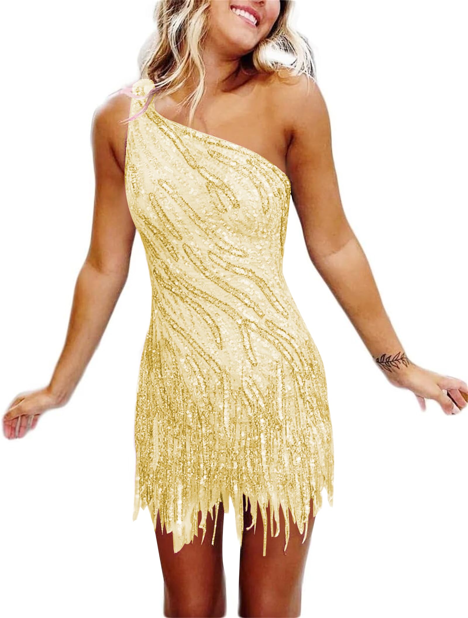 One-Shoulder Sequin Fringe Homecoming Dress | Sparkly Bodycon Short Prom Gown