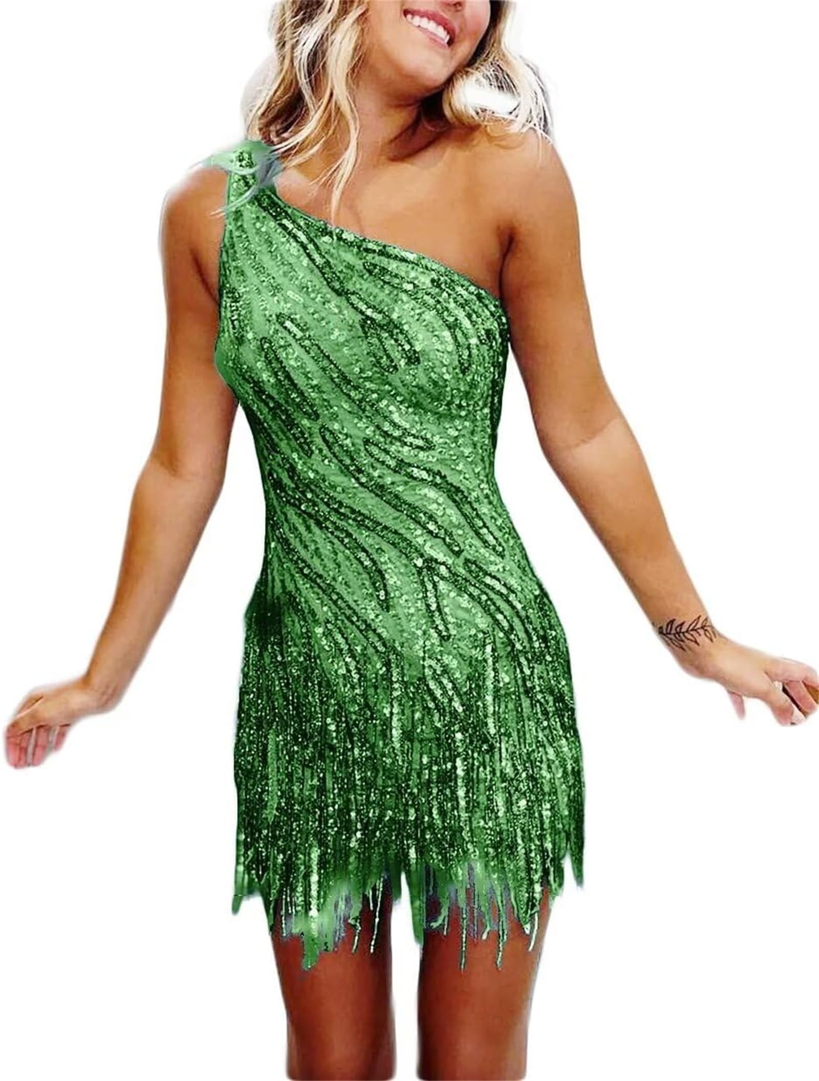 One-Shoulder Sequin Fringe Homecoming Dress | Sparkly Bodycon Short Prom Gown