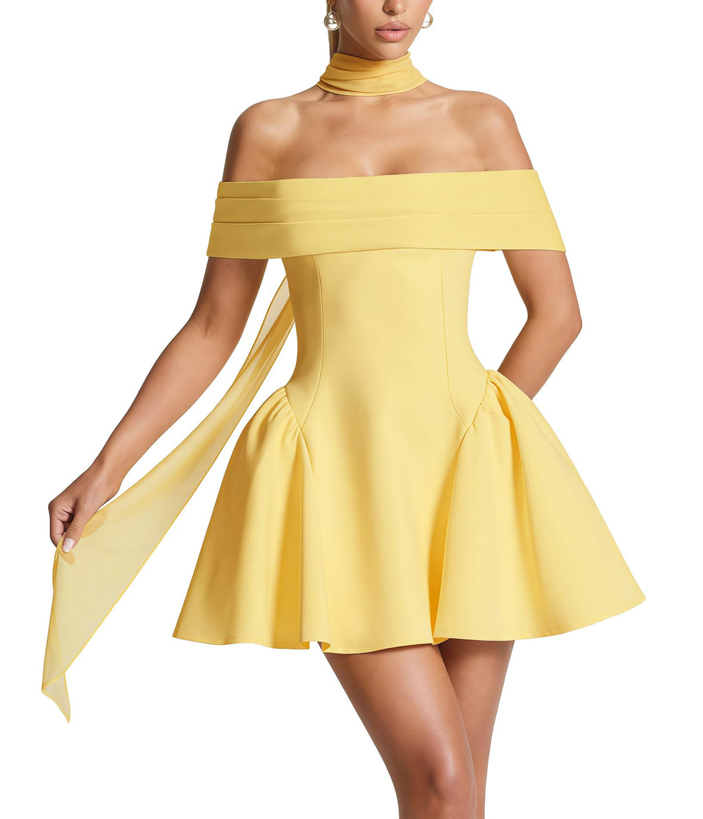 Off-the-Shoulder Homecoming Dress with Choker Scarf | Lace-Up Back Flare Skirt Mini Prom Gown