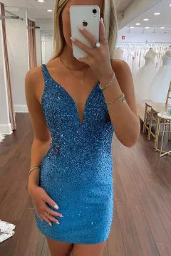 Deep V Spaghetti Strap Rhinestone Homecoming Dress | Bodycon Mini Cocktail Party Dress