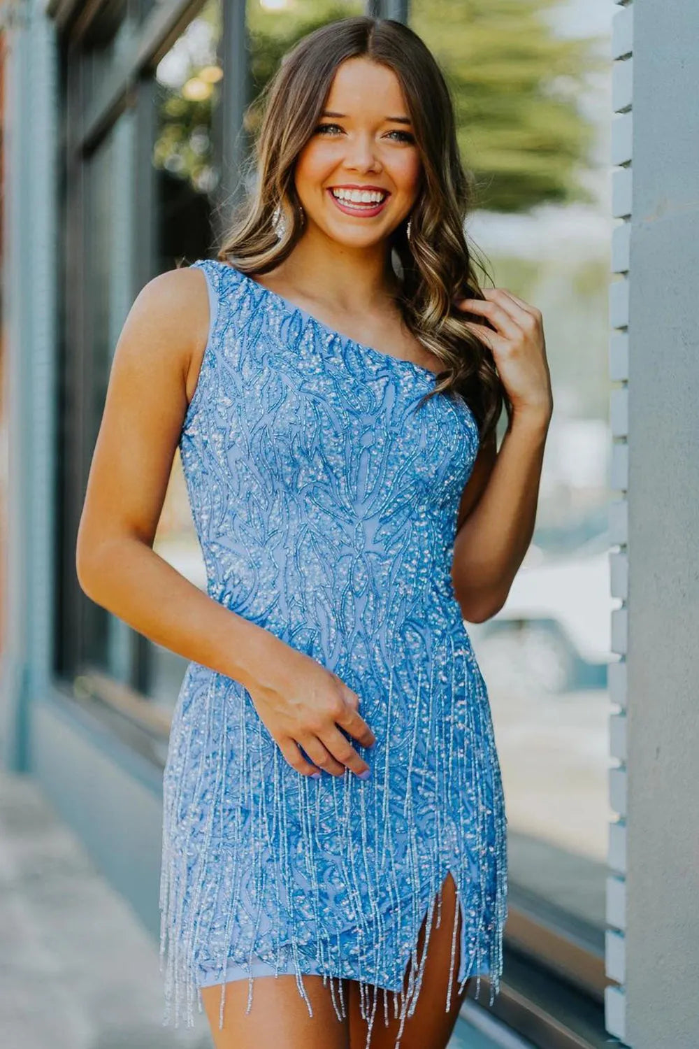 One Shoulder Beaded Fringe Homecoming Dress | Side Slit Bodycon Mini Cocktail Dress
