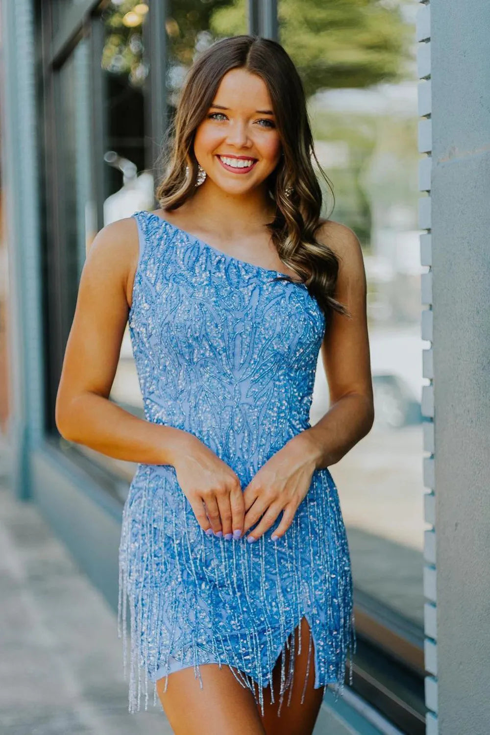 One Shoulder Beaded Fringe Homecoming Dress | Side Slit Bodycon Mini Cocktail Dress
