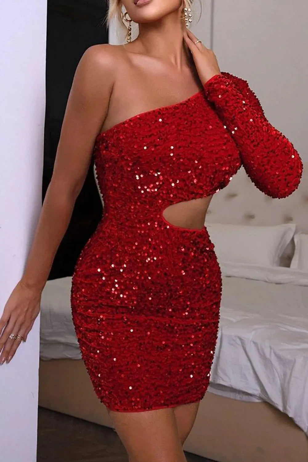 One Shoulder Sequin Homecoming Dress | Cutout Waist Long Sleeve Bodycon Mini Party Gown