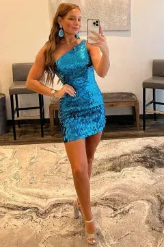 One Shoulder Sequins Homecoming Dress | Open Back Bodycon Mini Dress