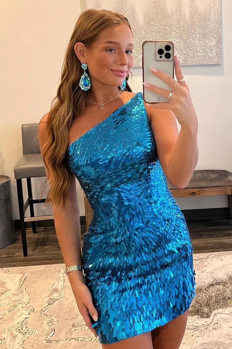 One Shoulder Sequins Homecoming Dress | Open Back Bodycon Mini Dress