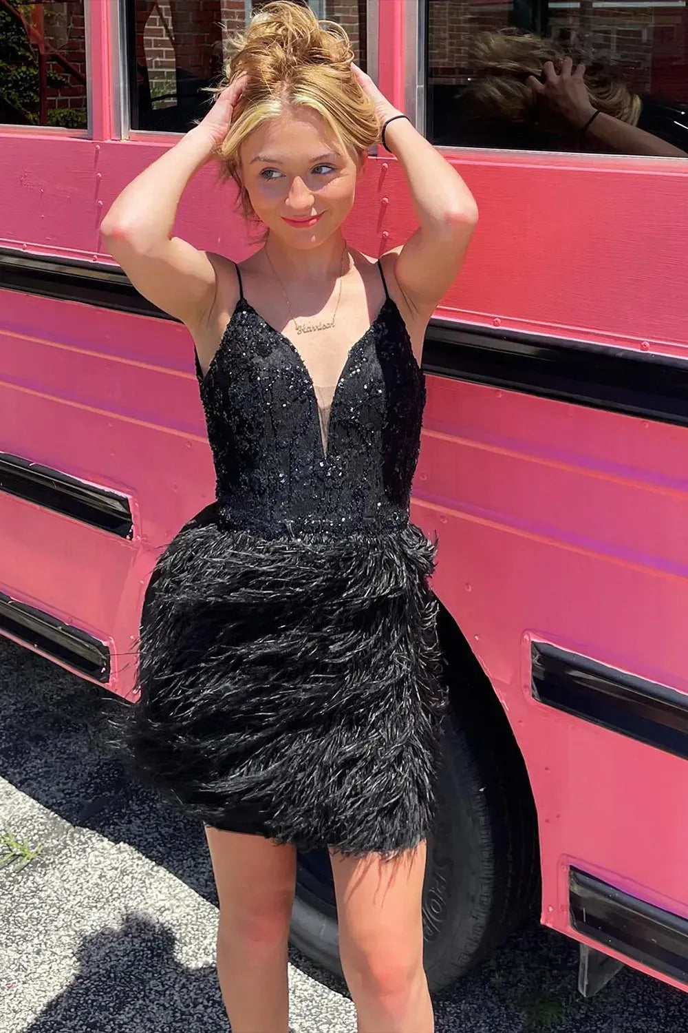 Spaghetti Strap V Neck Sequin Feather Homecoming Dress | Open Back Bodycon Mini Cocktail Dress
