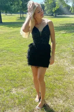 Spaghetti Strap V Neck Sequin Feather Homecoming Dress | Open Back Bodycon Mini Cocktail Dress