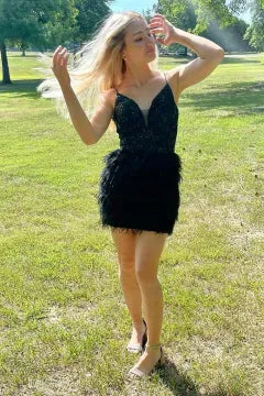 Spaghetti Strap V Neck Sequin Feather Homecoming Dress | Open Back Bodycon Mini Cocktail Dress