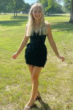 Spaghetti Strap V Neck Sequin Feather Homecoming Dress | Open Back Bodycon Mini Cocktail Dress