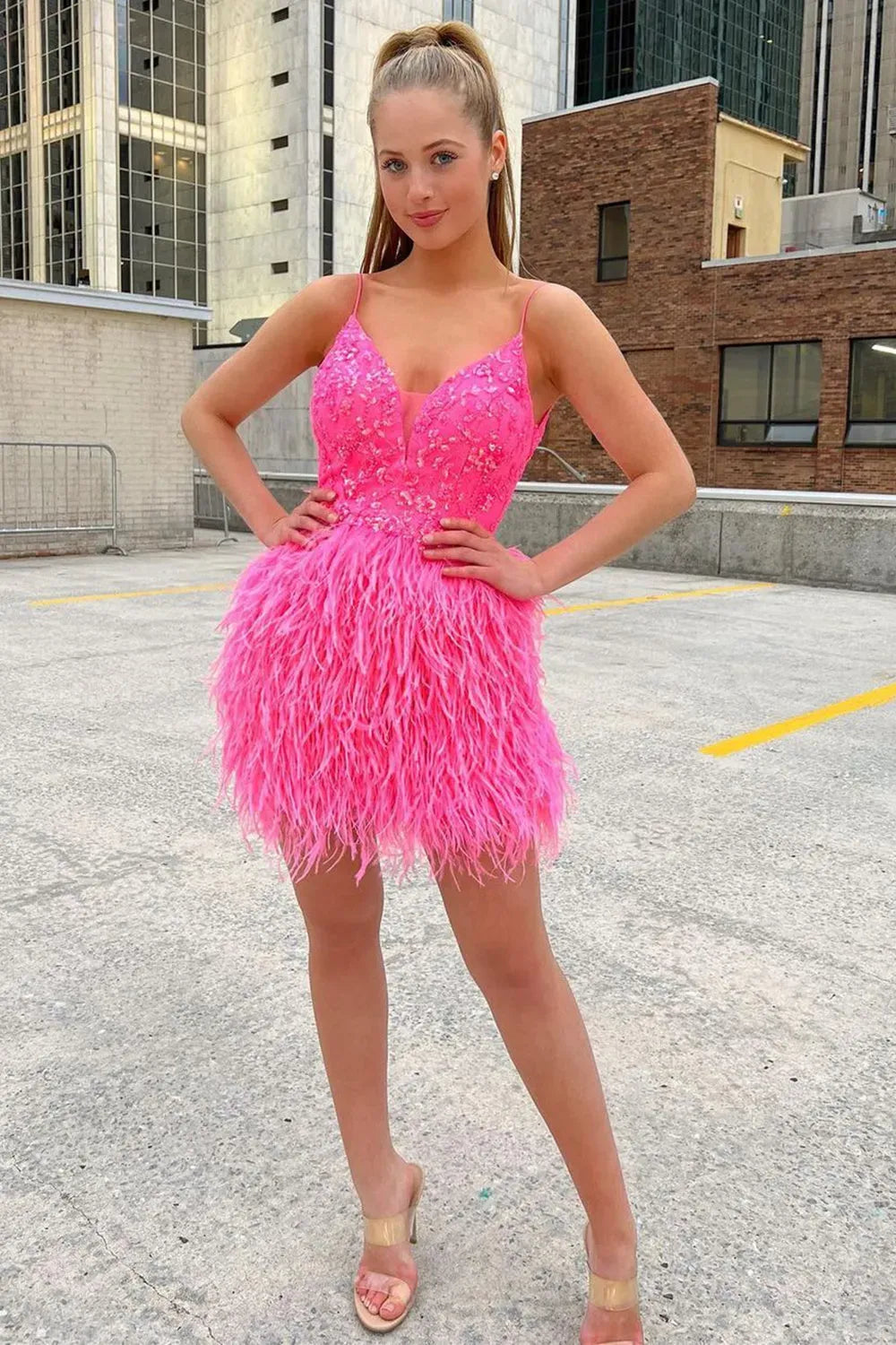 Spaghetti Strap V Neck Sequin Feather Homecoming Dress | Open Back Bodycon Mini Cocktail Dress