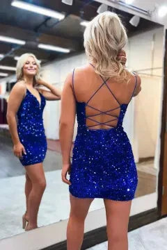 Spaghetti Strap Deep V Sequin Homecoming Dress | Crisscross Lace-Up Back Bodycon Mini Dress