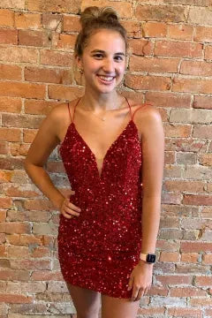 Spaghetti Strap Deep V Sequin Homecoming Dress | Crisscross Lace-Up Back Bodycon Mini Dress
