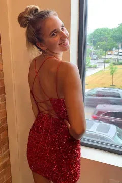 Spaghetti Strap Deep V Sequin Homecoming Dress | Crisscross Lace-Up Back Bodycon Mini Dress