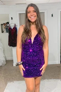 Spaghetti Strap Deep V Sequin Homecoming Dress | Crisscross Lace-Up Back Bodycon Mini Dress