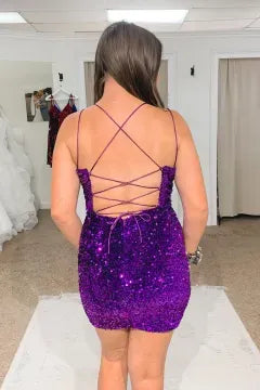Spaghetti Strap Deep V Sequin Homecoming Dress | Crisscross Lace-Up Back Bodycon Mini Dress