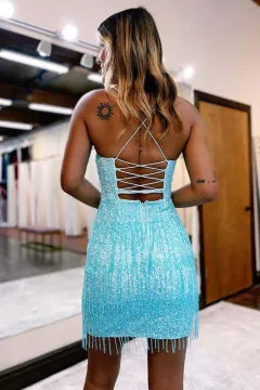 Spaghetti Strap Deep V Sequin Fringe Homecoming Dress | Crisscross Lace-Up Open Back Bodycon Mini Cocktail Dress